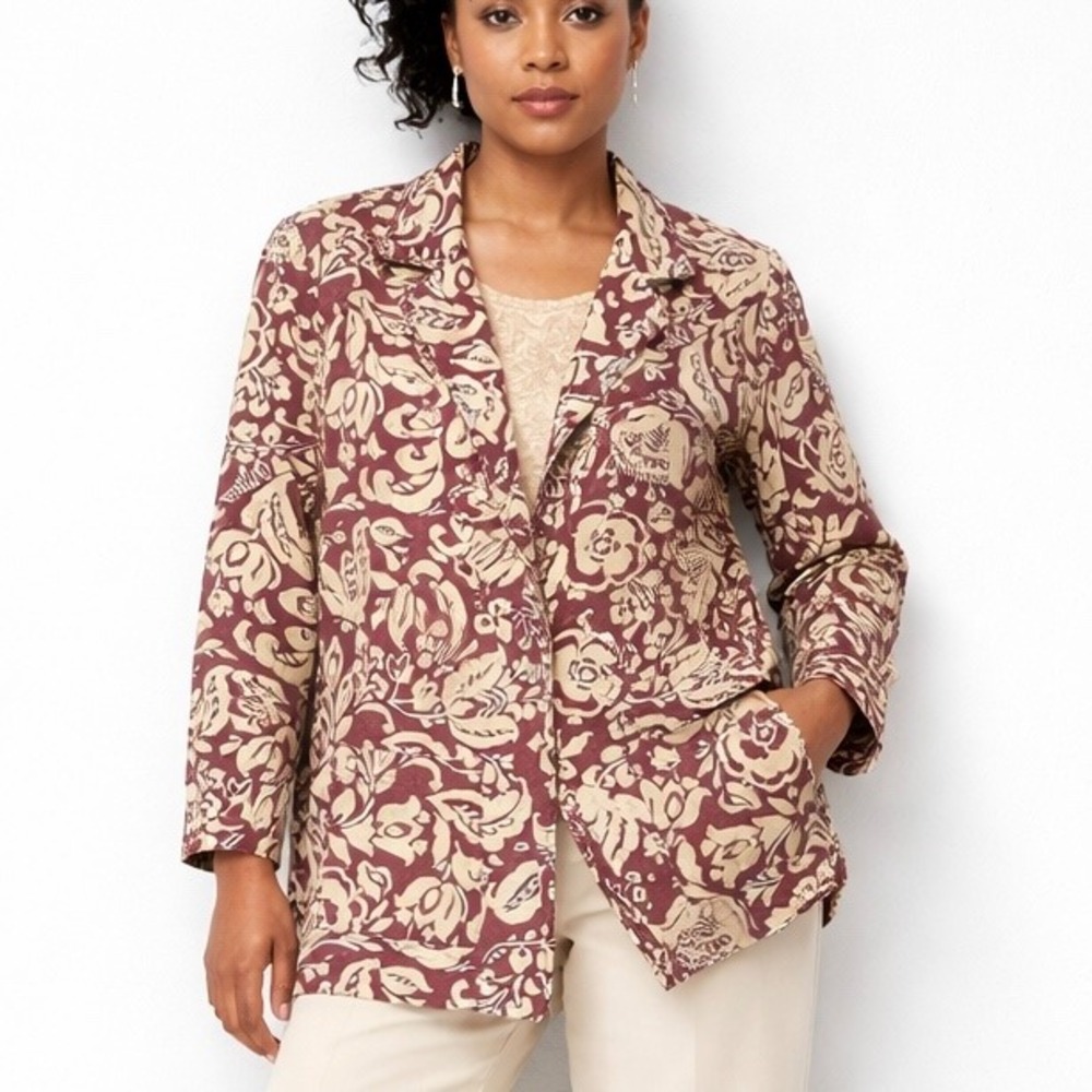 Vintage Cathy Daniels Linen Blend Floral Print‎ Blazer Jacket Medium Artsy Retro